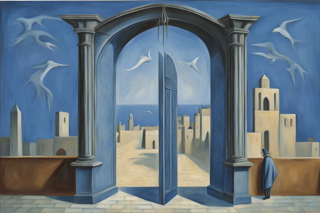 an open gothic gate in a blue-tiled wall with a view of an old city by artist "Rene Magritte",by artist "Leonora Carrington"