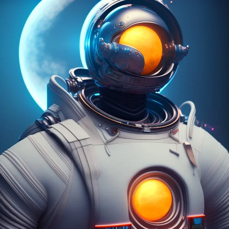 portrait, eternal samurai space suit, floating in space, sun burning bright, neon light, 8k, 3d, blender