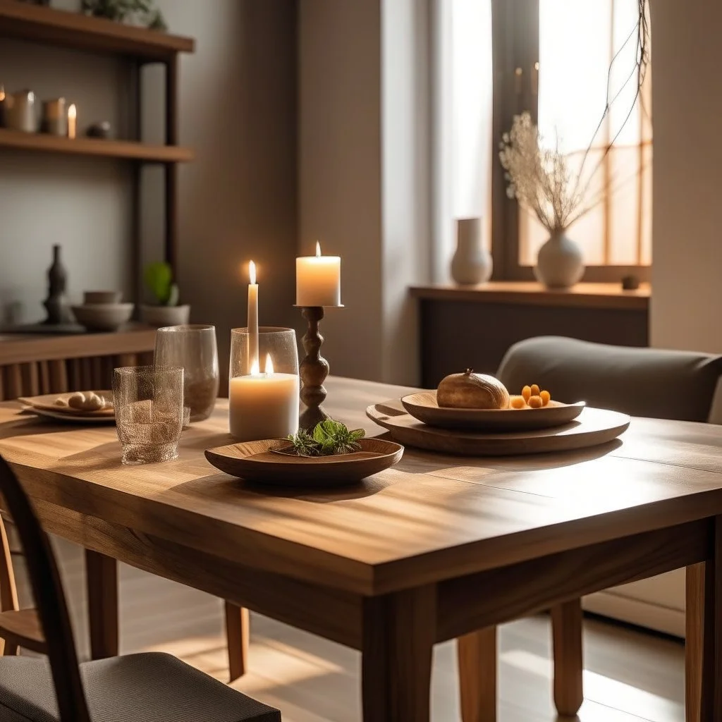 Generate an image of a table with a warm, inviting atmosphere. The table should be well-lit with soft, natural lighting The background should be slightly blurred.
