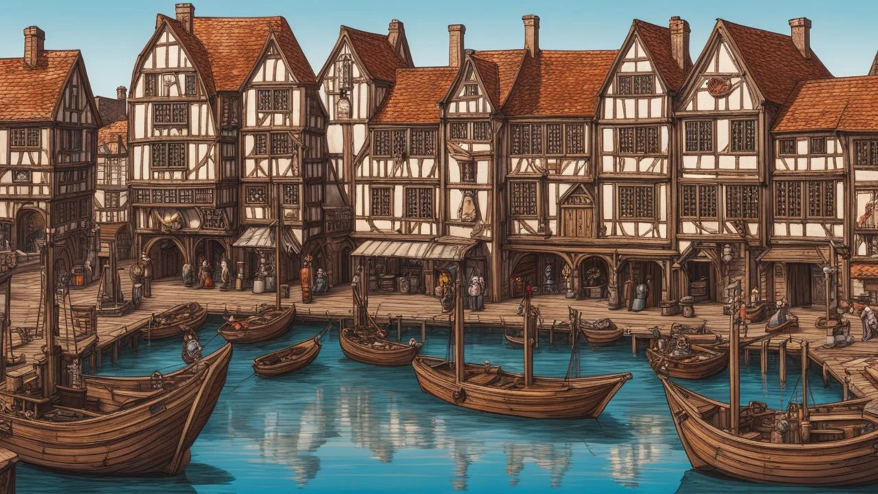 gothic medieval wooden harbour with piers and ships, people, shops, bridges, arches, balconies, taverns, blue sky