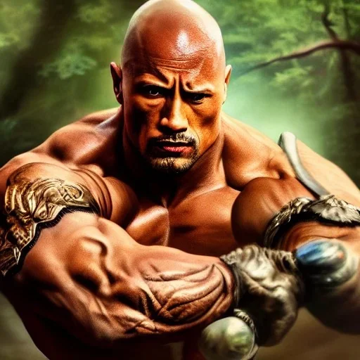 Fantasy, Dwayne Johnson as shaolin monk, heroic, award winning, insanely detailed, sunlit, realistic, fighting,acrylic paint, 8k resolution, hdr