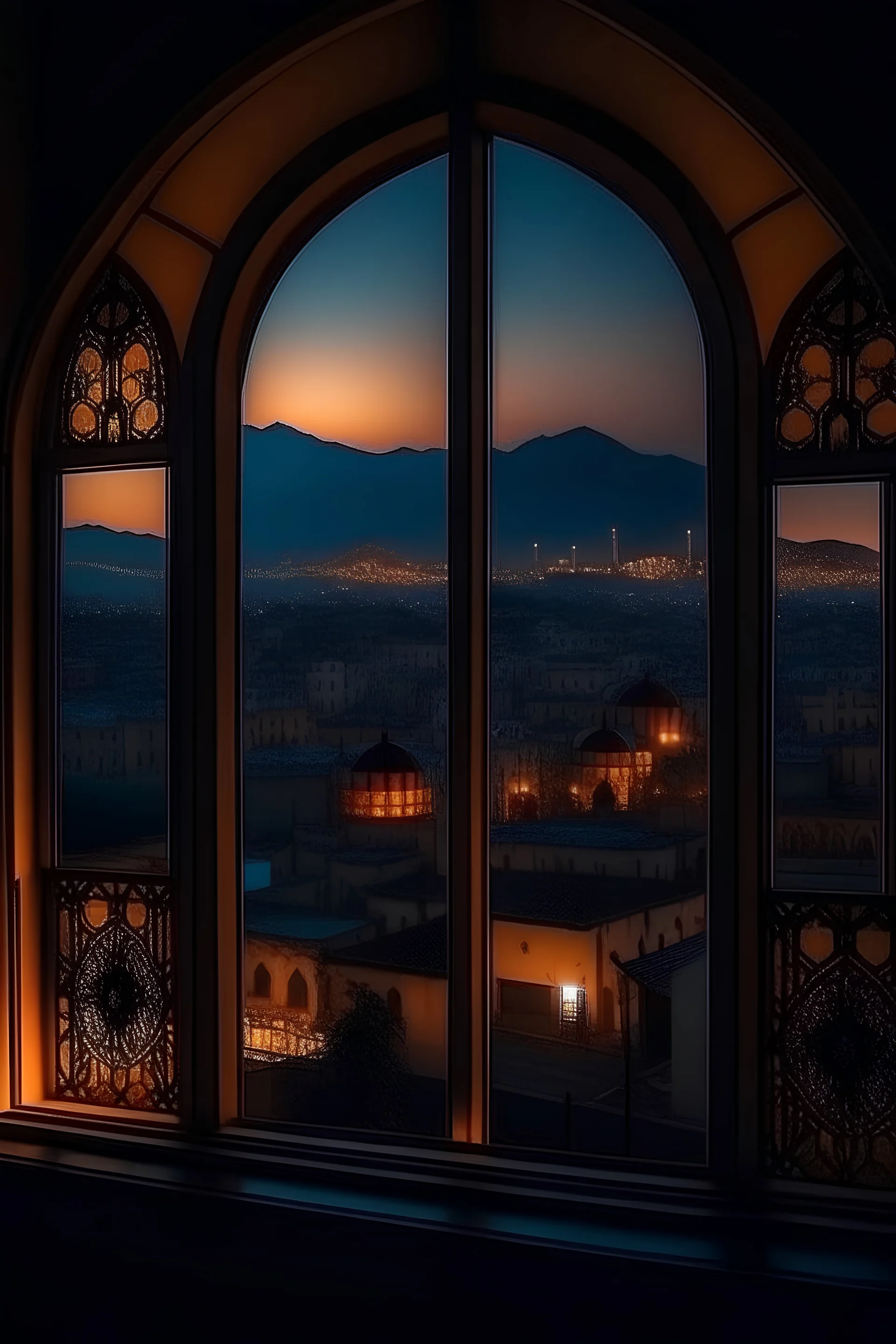 Fenster Ausblick auf persische Stadt am Abend gerade Perspektive