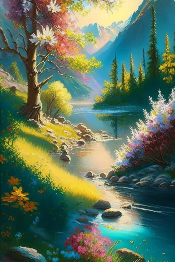 full light,highlight, trees, river, day, sun day, an idyliic forest with bright colorful flowers, mountains, sun,flower, a small river, paradise, on a canvas. realistic art, brush, pencil, detailed