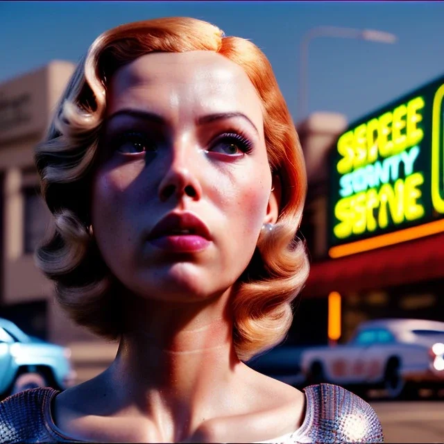 Ultra Realistic retro sci-fi movie Supermarket parking people scene, 1960 year, waist up view portrait, 1 blonde women and 1 octopus alien, sweet scarlet Johansson face, perfect iris, glow eyes, face makeup, tight latex coat. many people looking, Retro sci-fi style, soft color, highly detailed, unreal engine 5, ray tracing, RTX, lumen lighting, ultra detail, volumetric lighting, 3d, finely drawn, high definition, high resolution.