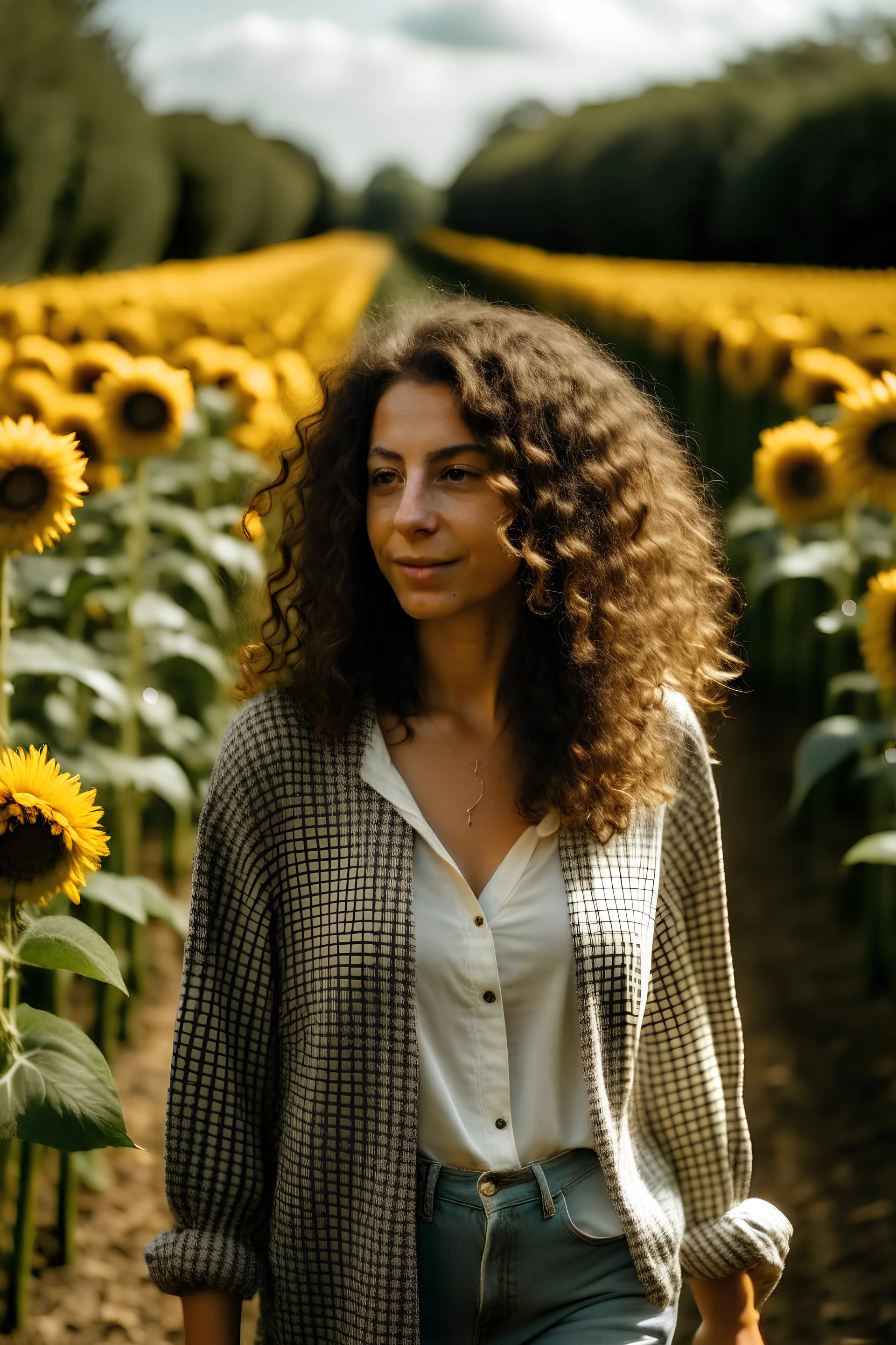 MUJER DE UNOS 30 AÑOS SU CABELLO ONDULADO, CAMINANDO POR UNA PLANTACION DE GIRASOLES