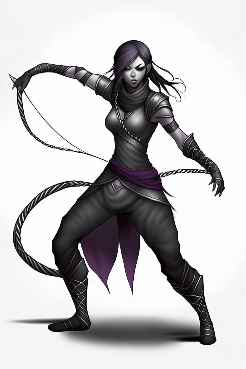 female gray skin Shadar-Kai wielding a Whip a whip made out of black thorns