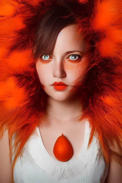 A beautiful portrait of a cute woman orange color scheme, high key lighting, volumetric light high details with white stripes and feathers and celtic paterns