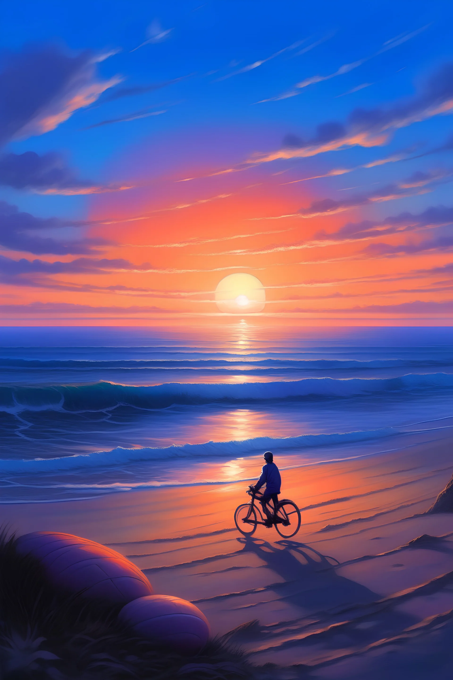 Picture a serene beach scene with an expansive ocean stretching out into the horizon. The sky is a canvas of colors blending from shades of deep blue near the top to soft purple and oranges where the sun is setting. The sun is a glowing ball, nearly touching the horizon, casting a warm, purple hue across the sky. In the foreground, a big man on a bike.