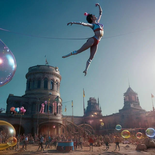 Ultra realistic circus scene. Classic acrobat woman, waist up view, Wes Anderson style, happy, bubbles, highly detailed, concept art, unreal engine 5, god rays, ray tracing, RTX, lumen lighting, ultra detail, volumetric lighting, 3d, finely drawn, high definition, high resolution.