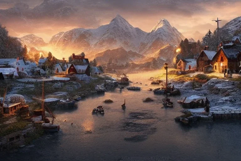 highly detailed small village scene in skelig harbor, sunrise, illustration, background snowy mountains, cinematic lighting, 4k, 8k, octane render, digital concept art, trending on artstation, pinterest, extremely detailed, ambient lighting.