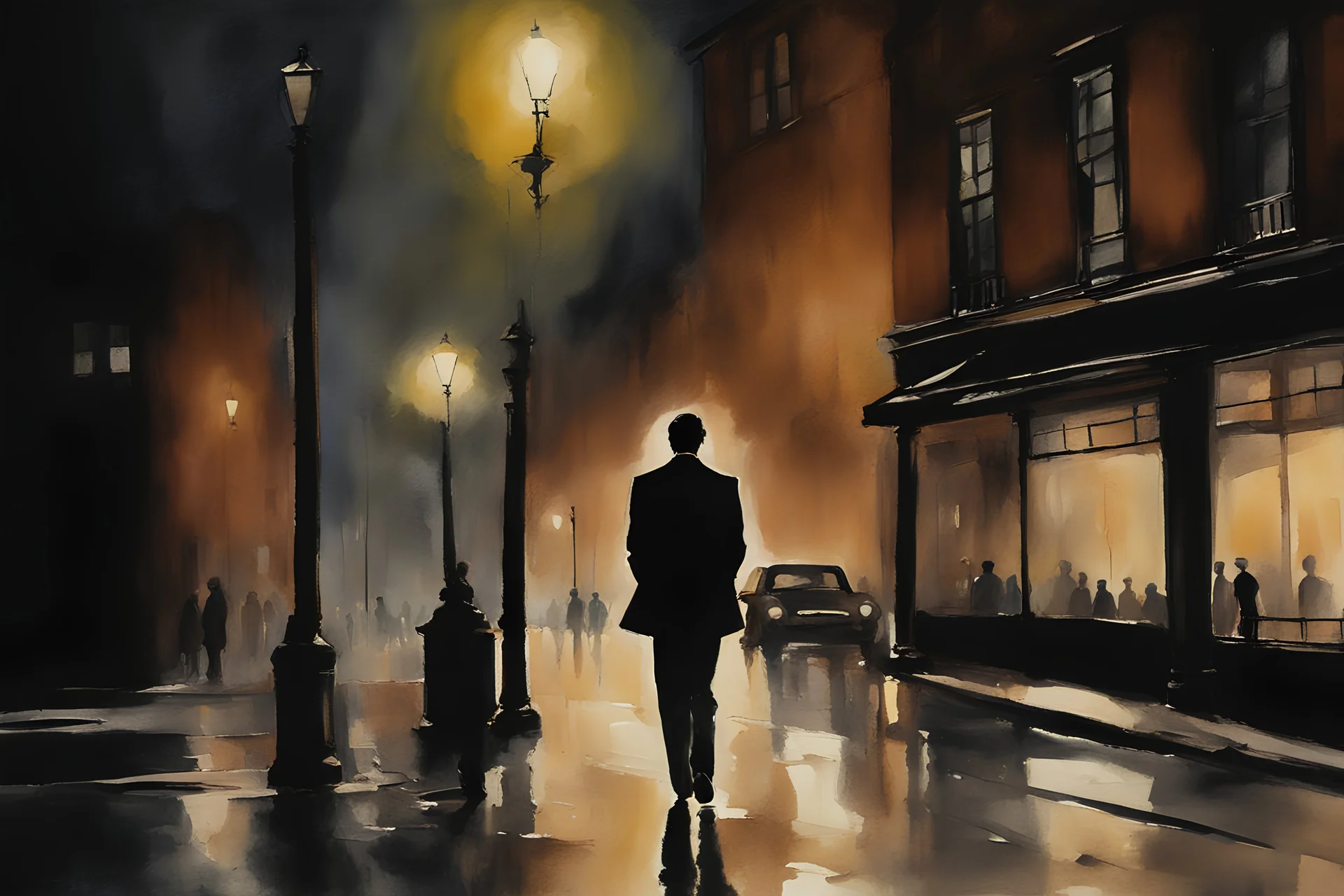 Create a watercolor painting capturing a late-night scene on a dimly lit street. The focus is on a man dressed in an elegantly tailored suit, walking with poise and a sense of purpose. His figure is partially illuminated by the soft glow of distant street lamps, casting long shadows on the wet pavement beneath his feet. The street is otherwise shrouded in the deep blues and blacks of the night, with a hint of mist adding to the atmosphere of solitude and introspection. "sleepless nights"