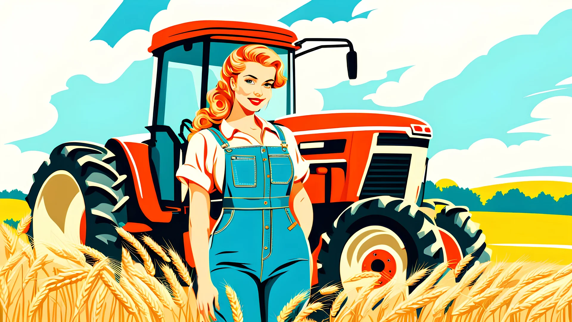 pretty 20 years old girl, dressed in work overalls, stands new tractor with open cabin, sunny day, field of wheat around, pin-up