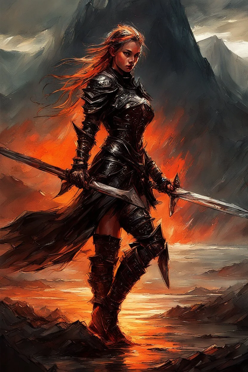 A formidable warrior girl in black armor, on the background Amazing gloomy landscape, flooded with sunset, mountains, trees, fabulous scary hero, , juicy emotions, painting, dark fantasy, bad weather, gloomy day, dark world, by Raymond Swanland & Alyssa Monks & Anna Razumovskaya