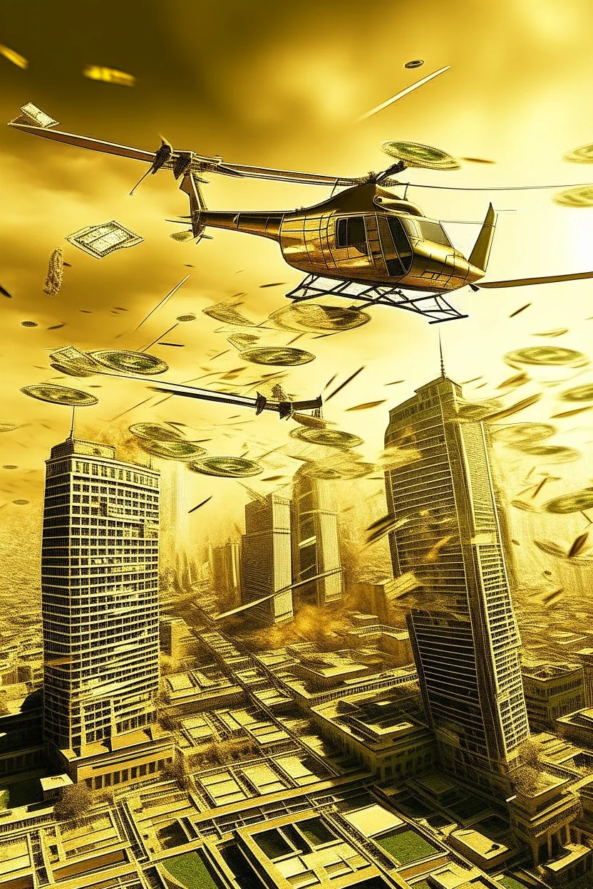 helicopters dropping dollar bills Robert Kiyosaki standing on golden skyskraper city burning in background STYLE OF HIROKU OGAI