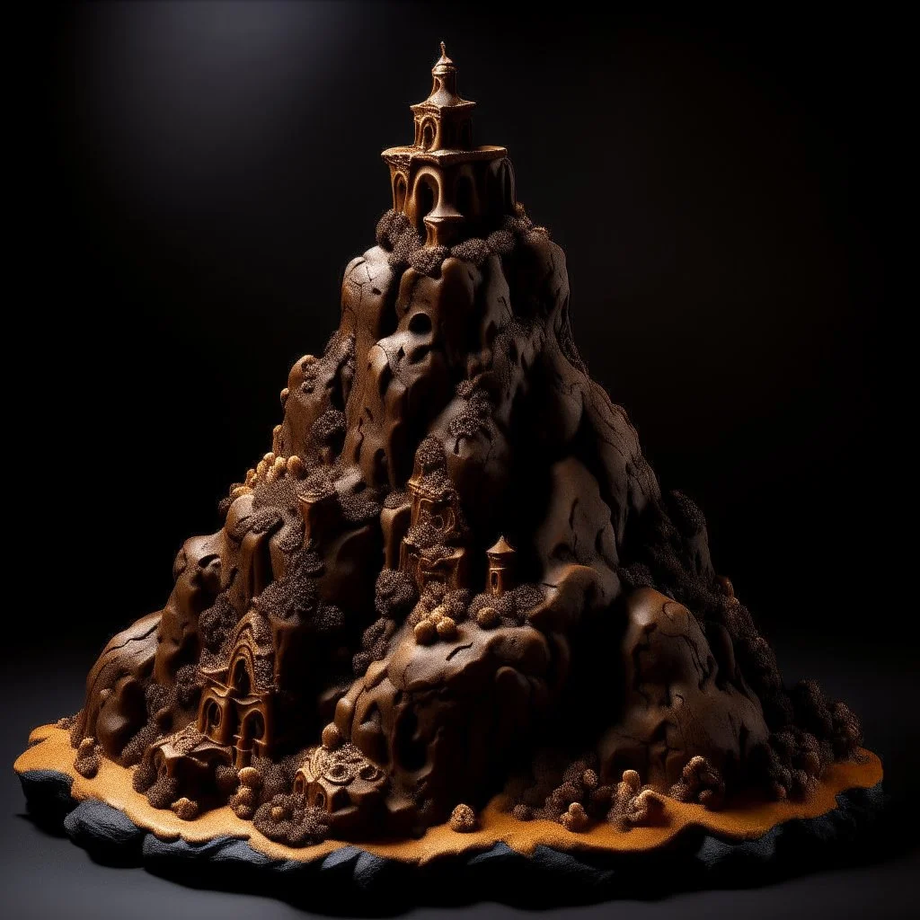 A dark brown mountain with a temple made out of clay painted by Antoni Gaudi