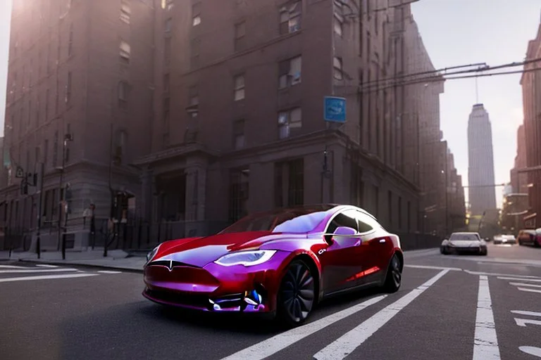 A Tesla 'Model Y' is going at a high speed, near the building of the 'Friends' series in New York. (CINEMATIC, WIDE ANGLE LENS, PHOTO REAL)