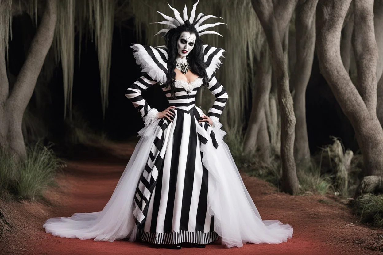 beetlejuice bride, beetlejuice beetlejuice beetlejuice, in hell, beetlejuice bride, beetlejuice beetlejuice beetlejuice, in hell stands on her side with his iconic outfit