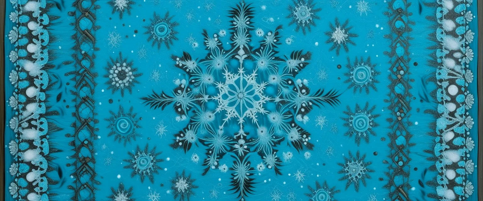 A cyan winter tundra with falling snowflakes designed in Navajo baskets painted by Leonardo da Vinci