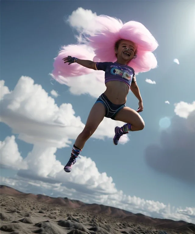 Ultra realistic speed clouds sky scene, wide angle view, sweet childs falling down, inflatable color clothing, free jumping flying, many trinkets, hair monster, many jelly beans, balls, color smoke, smile, happy, circus style, extreme, wind, clouds sea, 20,000 feet altitude, stratosphere, soft color, highly detailed, unreal engine 5, ray tracing, RTX, lumen lighting, ultra detail, volumetric lighting, 3d, finely drawn, high definition, high resolution.