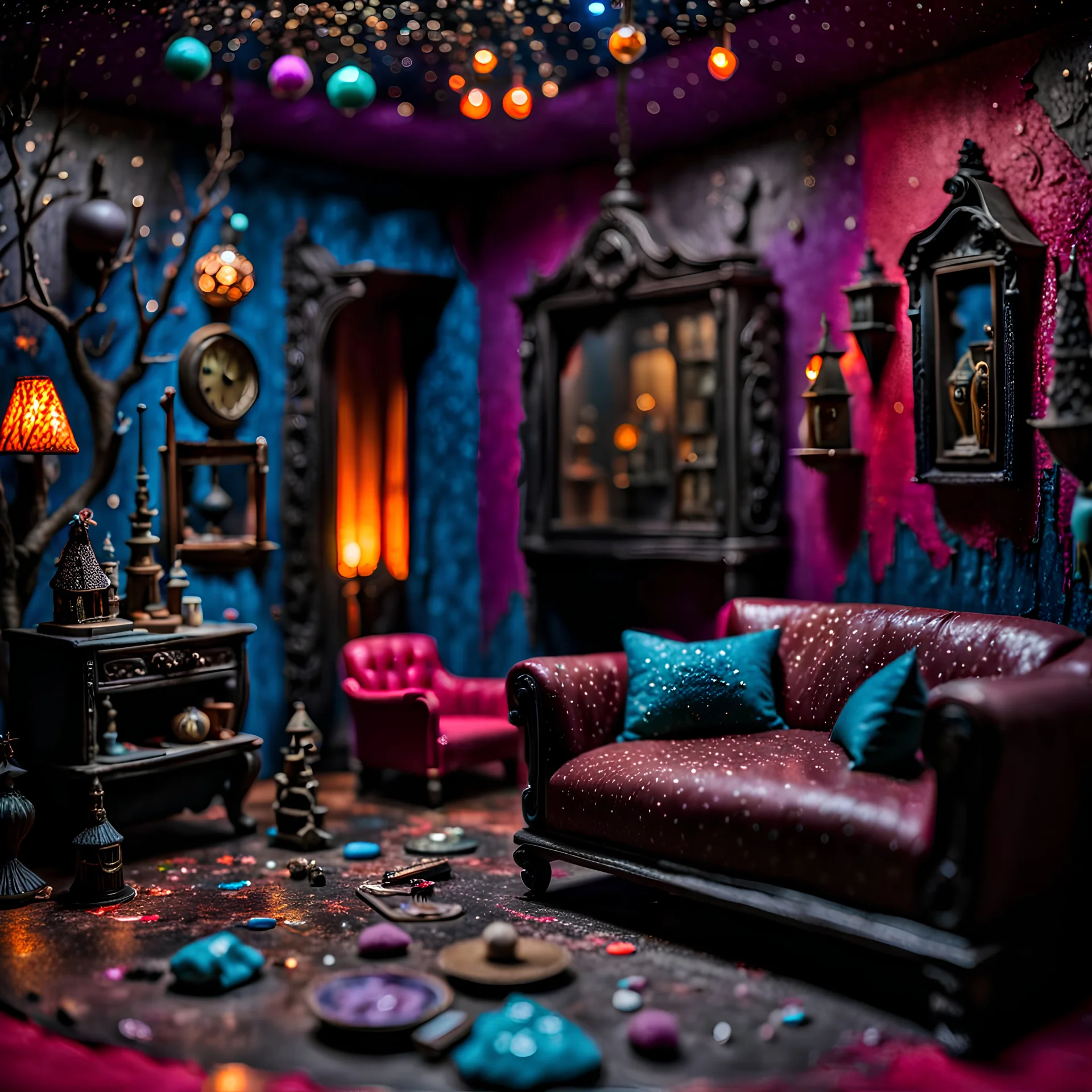 Detailed creepy living-room made of modeling clay, naïve, Tim Burton, strong texture, extreme detail, Max Ernst, decal, rich moody colors, sparkles, Yves Tanguy, bokeh, odd