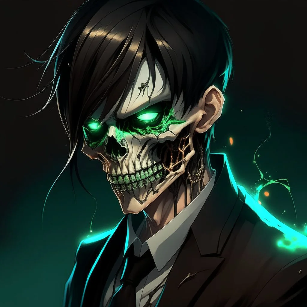 man, half-elf, young, noble, suit, skull mask covers half of the face, pale skin color