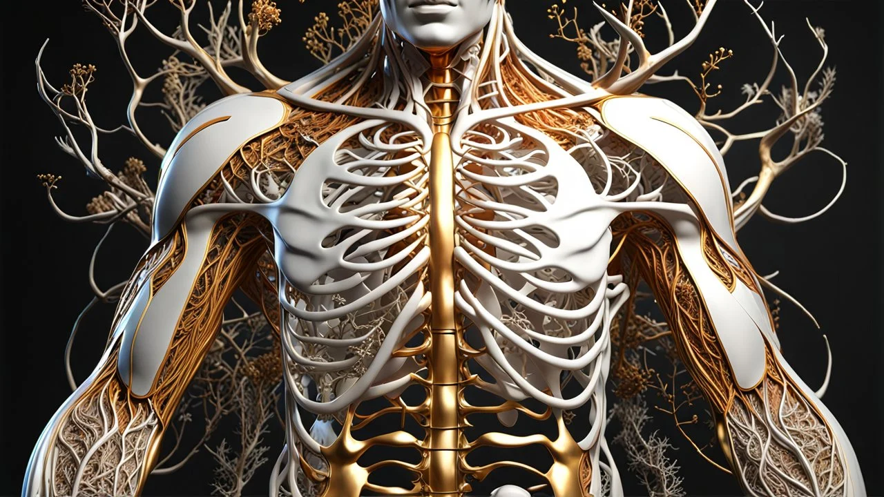 3D rendering of an impressively detailed and complex hyper-realistic "human anatomy": scientific, single object, glossy white, shiny gold, vines, tribalism, black background, shamanism, cosmic fractals, octane rendering, 8k post-processing, detailed metallic bones, dendritic, artstation: award-winning: professional portrait: atmospheric: commanding: fantastic: clarity: 16k: ultra quality: astounding: shine: stunning colors: stunning depth