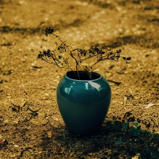 artistic photo of a tiny cracked ceramic vase repaired with gold, kintsugi, garden setting, beautiful landscape photography, beautiful, vines and leaves, delicate, cinematic, high detail, beautiful composition, delicate arrangement, aesthetic, soft lighting, award winning photography, tender