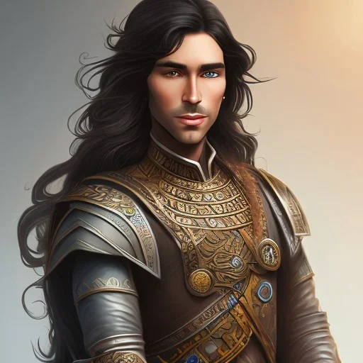 D&D character, male, long black hair, dark tan skin, artificer, holding gun, light armor, chain armor