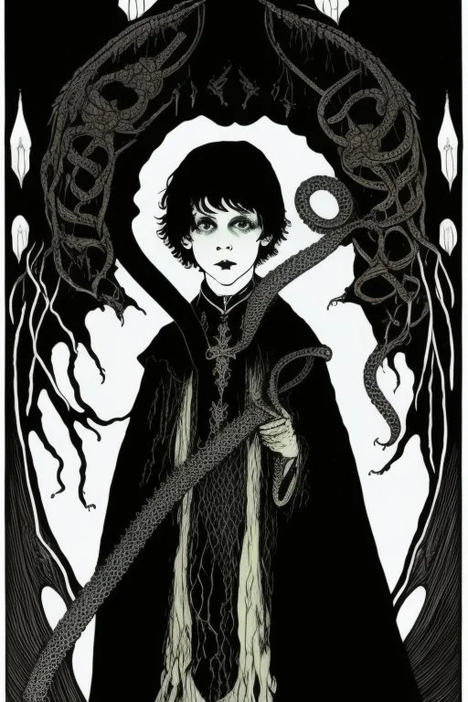 7 year old boy, necromancer, friendly, looks dead,with a lamprey serpent , wearing black robes, in the style of Harry Clarke
