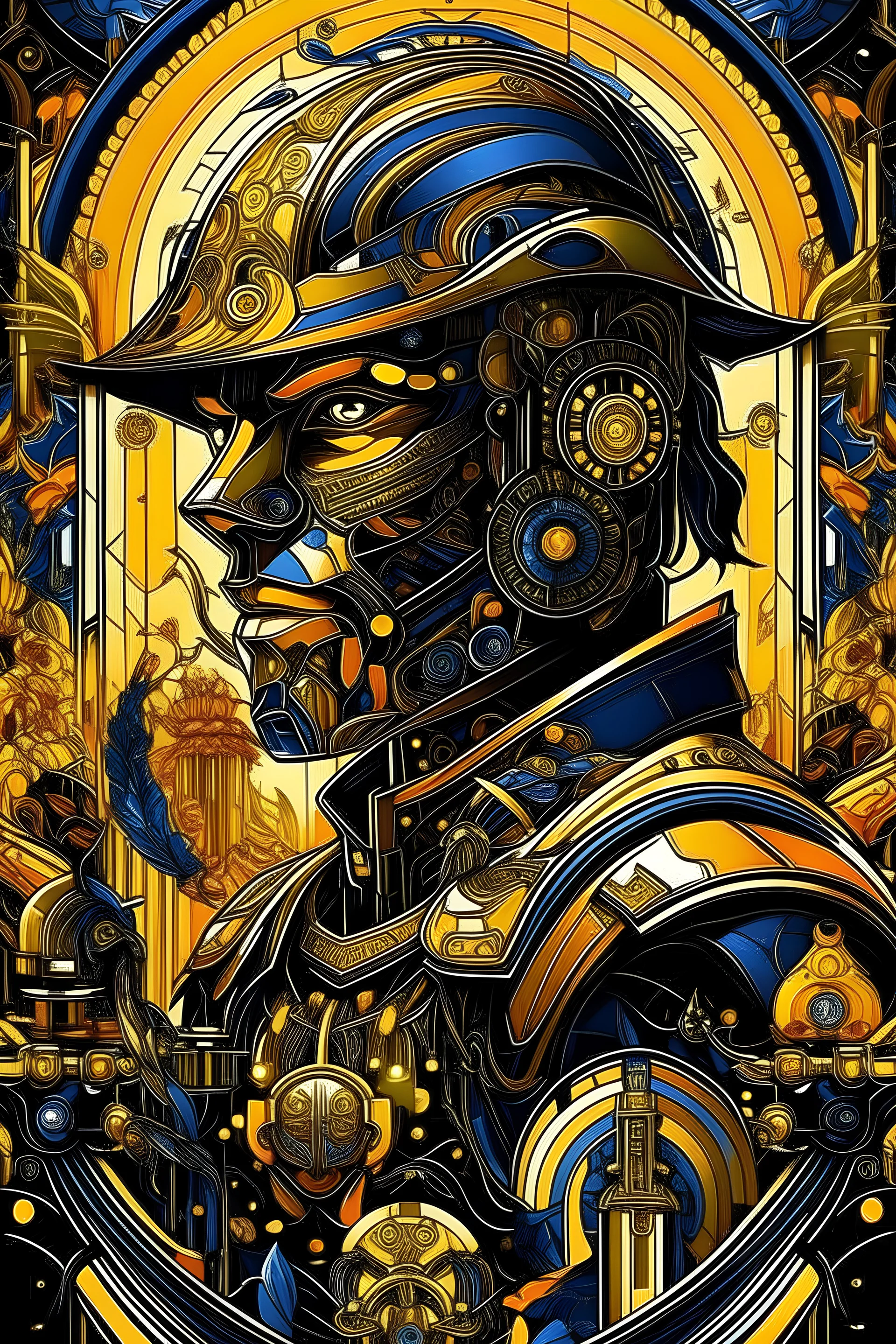 the heart of a dystopian future, a cinematic sci-fi battle scene unfolds, a spectacle of epic proportions masterfully brought to life by the AI genius, Leonardo. This visual masterpiece takes us into a world where futuristic Terminators clash in an epic showdown, their metallic bodies adorned with intricate details in shimmering gold and diamonds.The award-winning art style of Kekai Kotaki guides our eyes through the scene, each frame brimming with exquisite artistry. The Terminators, their cold