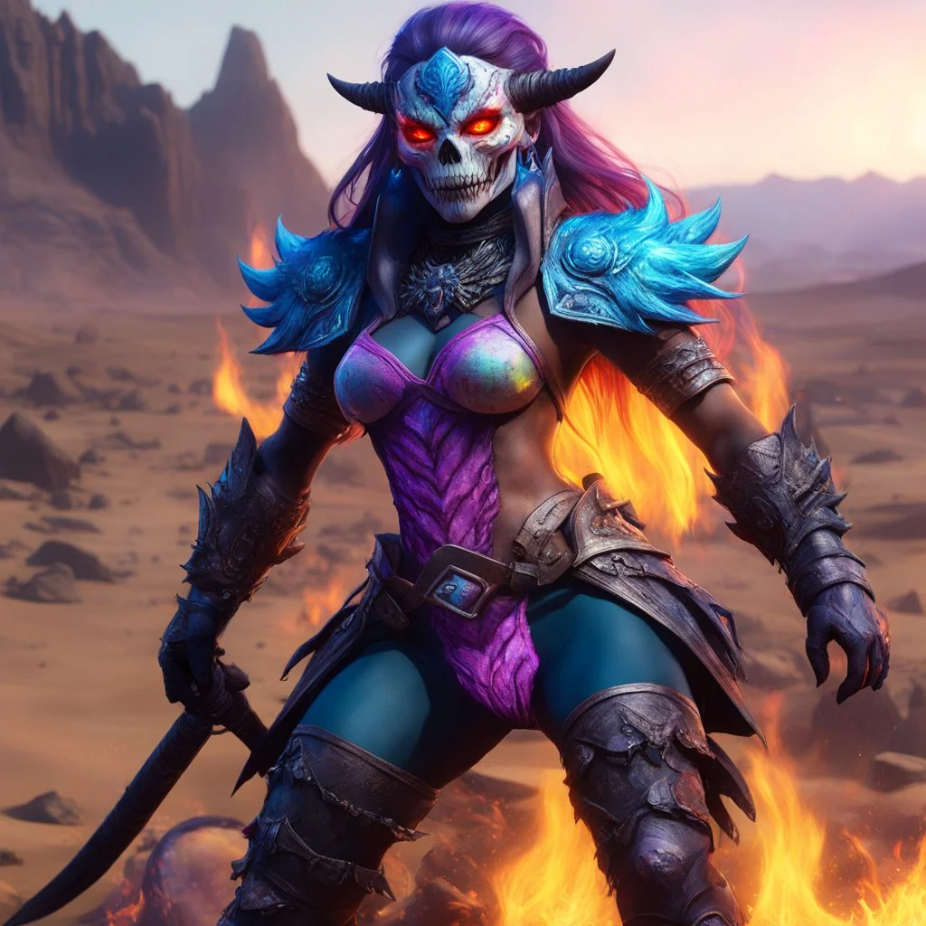 realistic photo 8k [glitched acid trip by Mil Mascaras] AD&D monster she is hot with her flame boots, she is a Nilbog: healed by receiving damage and harmed by healing spells, she is surrounded by cannibals: Brain, zombie, skull and the likes...