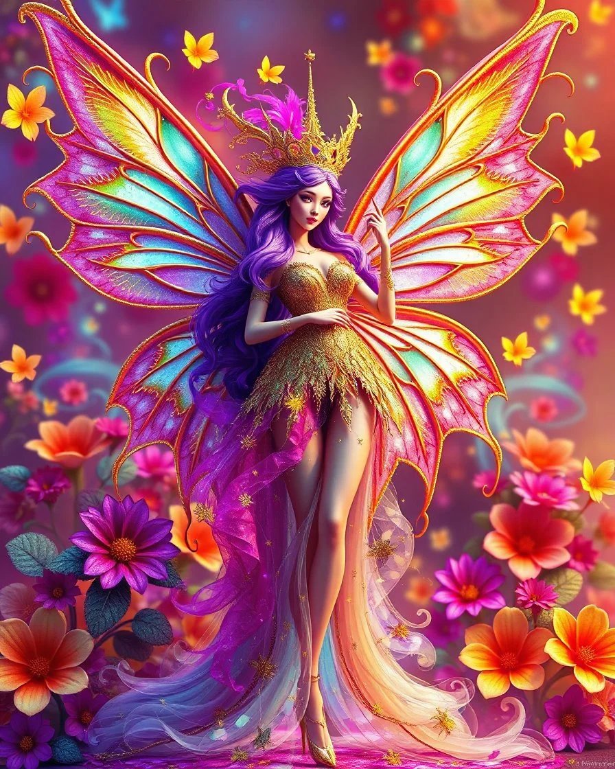 Masterpiece art amazing art picture in Luxurious 3d colorful fractals sharp colors,vibrant colors,rainbow neons colors standing pose sweet pose a adorned carnival fairy wings queen hair purple, golden shiny adorned,in fractals 3d outside ,fractals colorfull,Fully of flowers,butterflies,leaves in 3d outside fractals neons vibrant colorful backgrounds