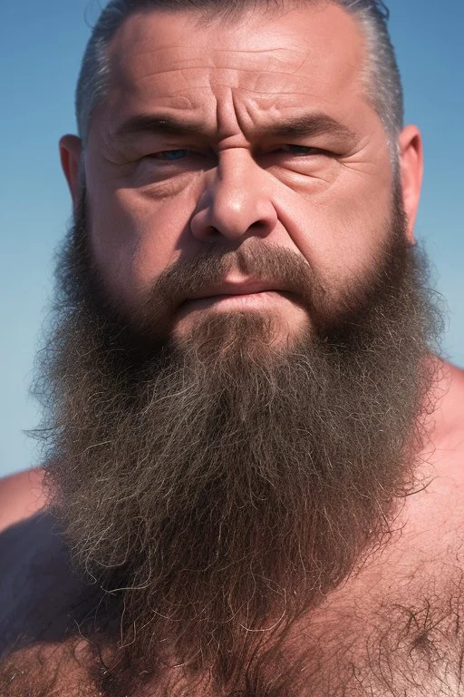 half-lenght Photography of turkish serious ugly dirty stocky muscular chubby 55 years old in swimwear, beard, curly hair, tattoo, relaxed sitting on an a beach chair at the beach, crossed arms, open big manly legs, manly chest, photorealistic, angry eyes, sunshine, ambient occlusion, misery and poverty, desperation, redneck, highly detailed, frontal ground view , trending on artstation, sharp focus, studio photo, intricate details, highly detailed, by greg rutkowski