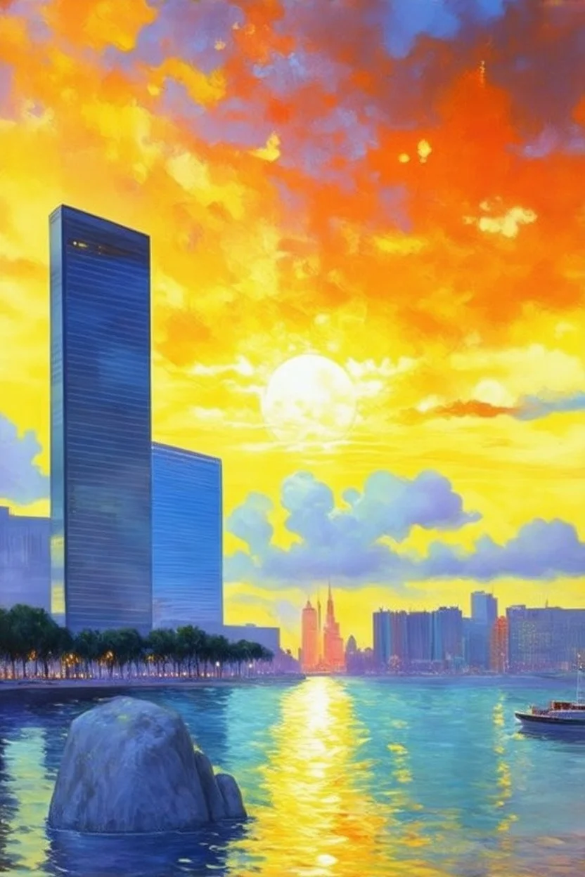 sunset, buildings, lake, rocks, city, park, trees, cyberpunk, sci-fi, paul gauguin, and claude monet impressionism paintings