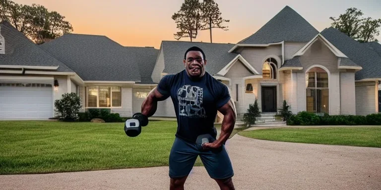 Stable diffusion, A swole black man lifting dumbells in front of his house at twilight