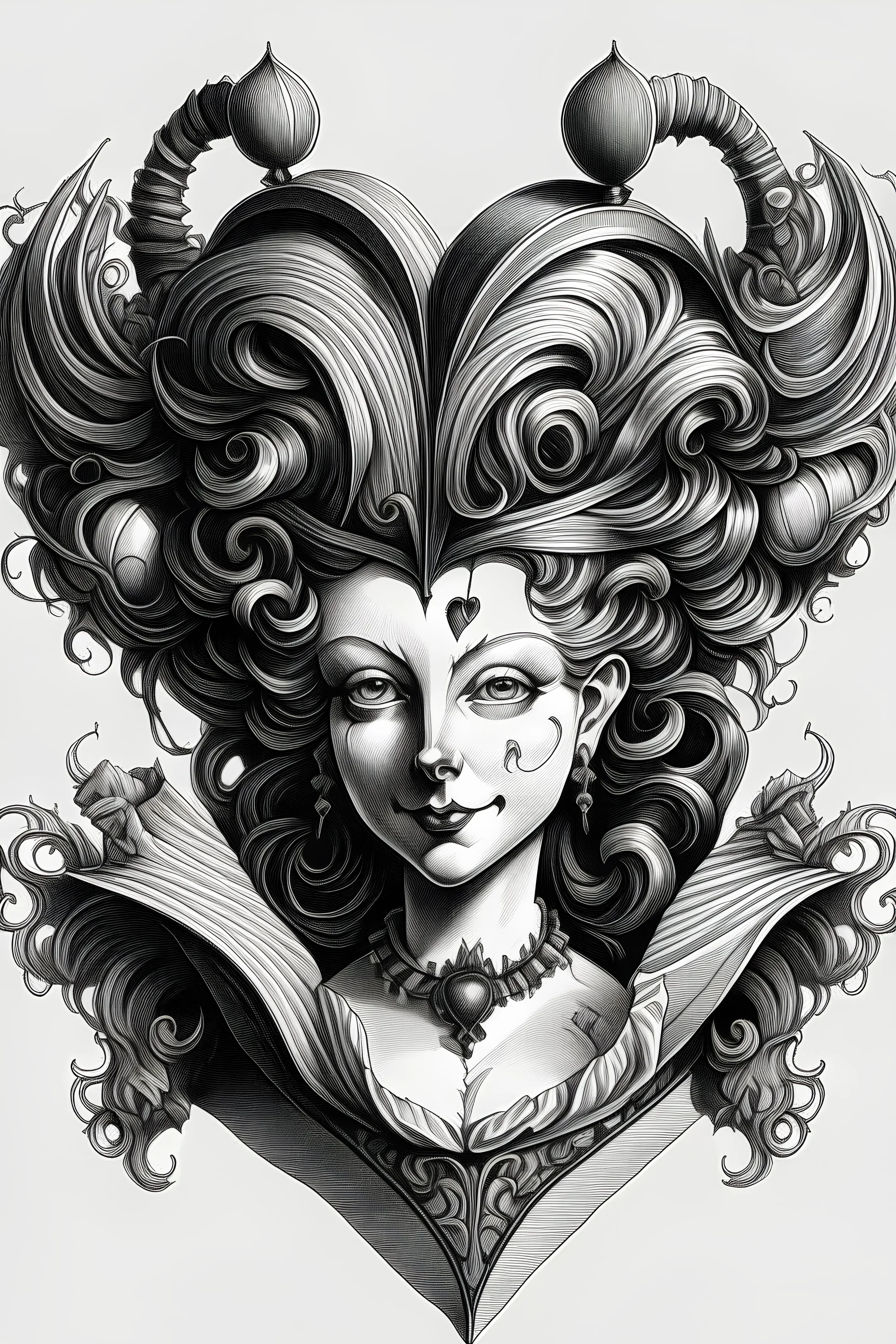 Crazy heartshaped hairstyle from the Barock time front view sketch