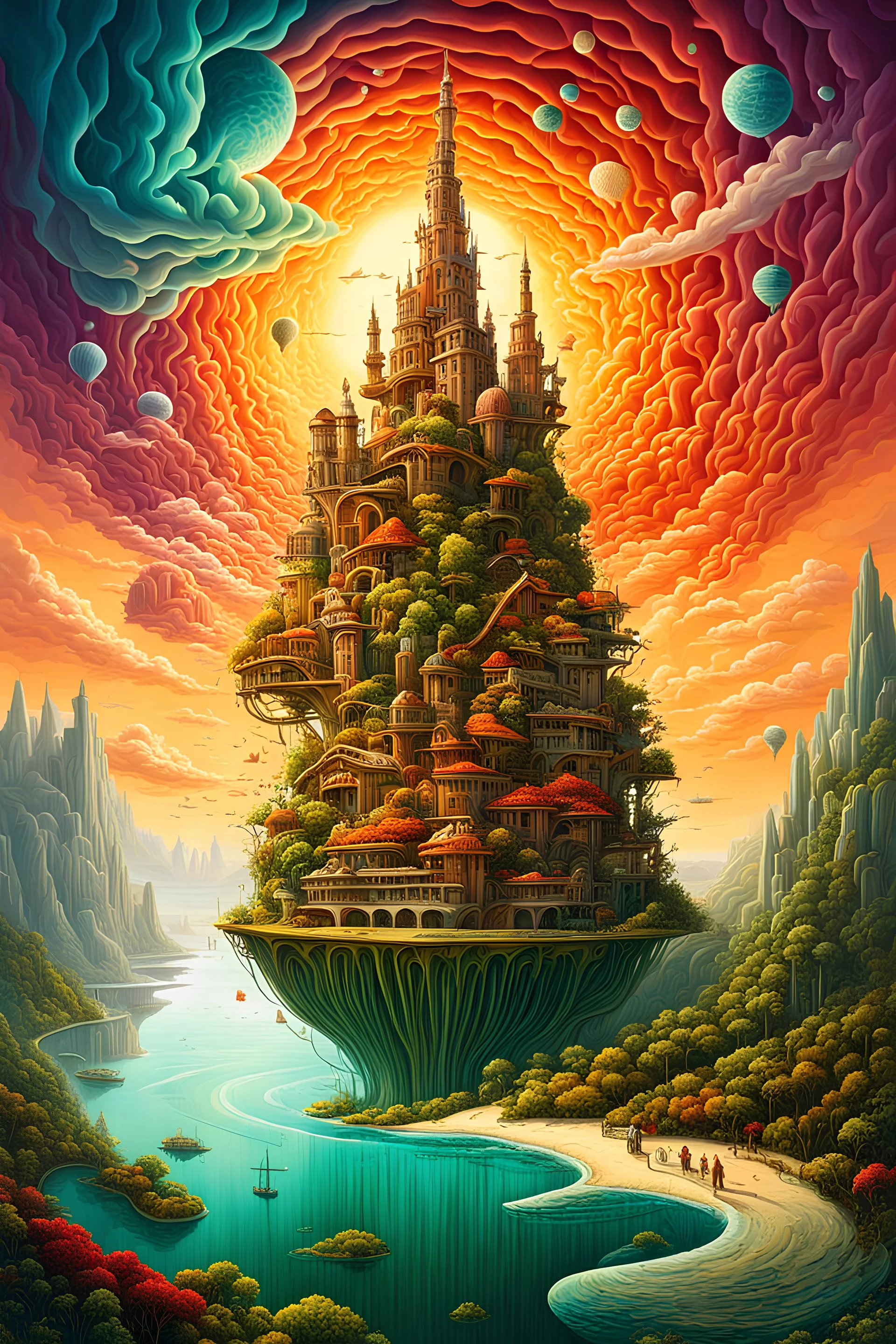 create a wildly imaginative neo -surrealist alternate reality by George Grie, and Jacek Yerka, rich complimentary colors, abstract, painterly, and highly detailed