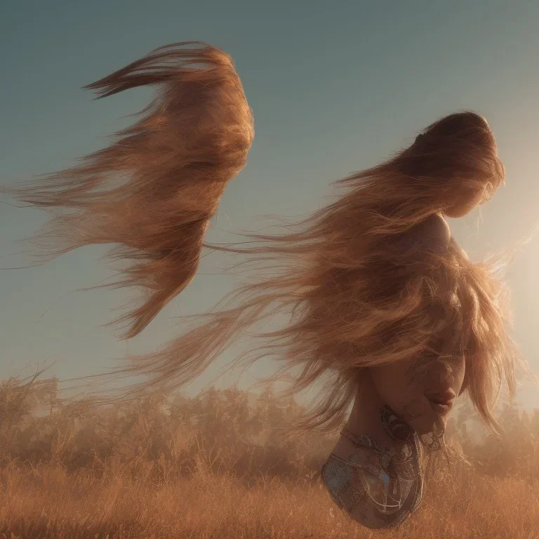A beautiful portrait of a cyberpunk woman with lot's of grain on her skin red head with hair flying in the wind cyborg smiling facing camera orange color scheme, high key lighting, volumetric light high details with white stripes and feathers unreal 5, octane render, cinema4d, dynamic lighting, dramatic lighting, 4k, redshift render, highly detailed, hyper realistic