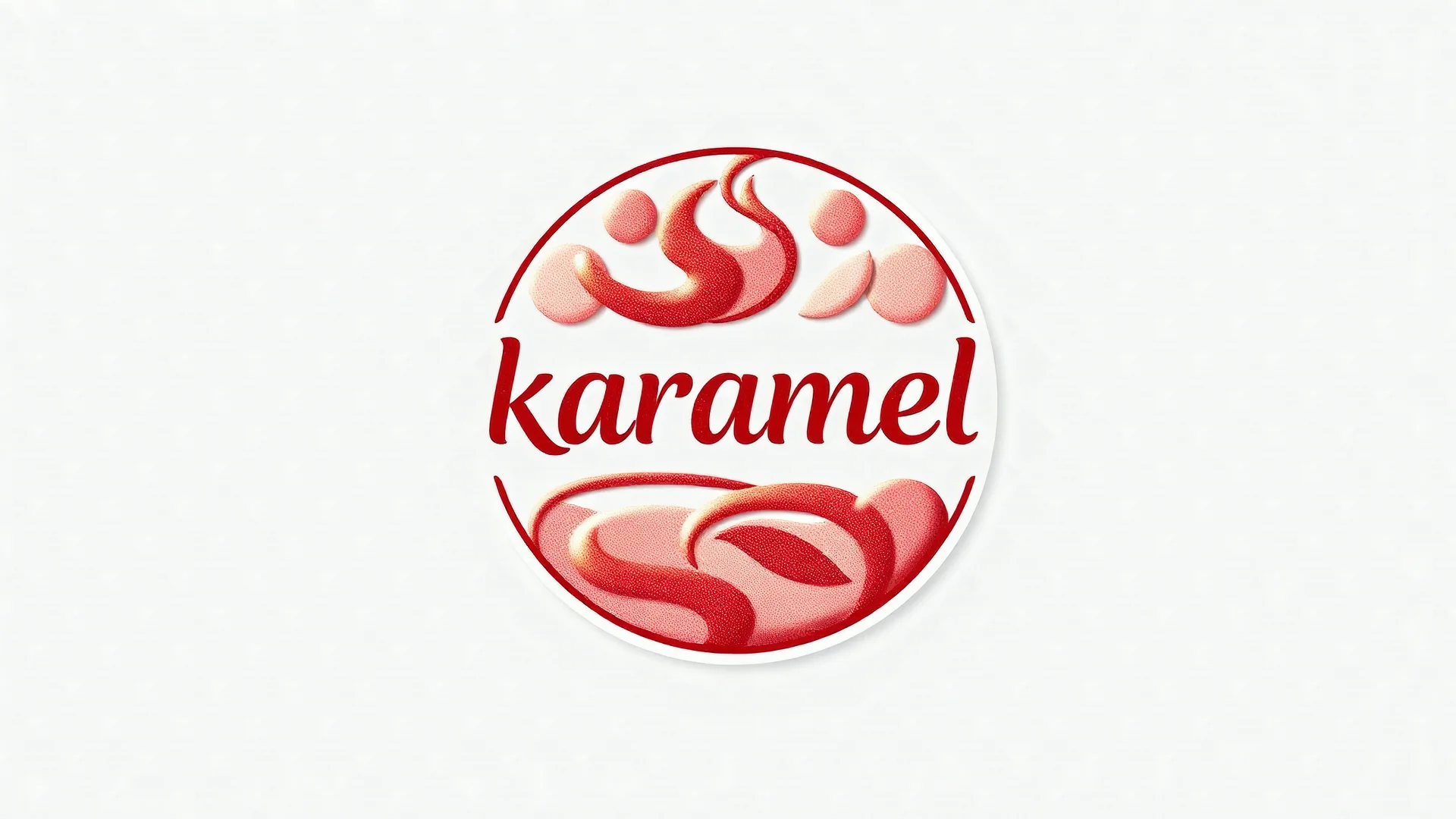 A round logo named (karamel) designed for a confectionary with a red and pink gold color theme on a white background and using the symbol of creamy sweets, chocolate and toffee