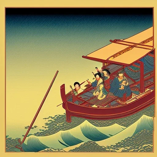 Ukiyo-e styled art, stream, mountain, sun, family on a boat