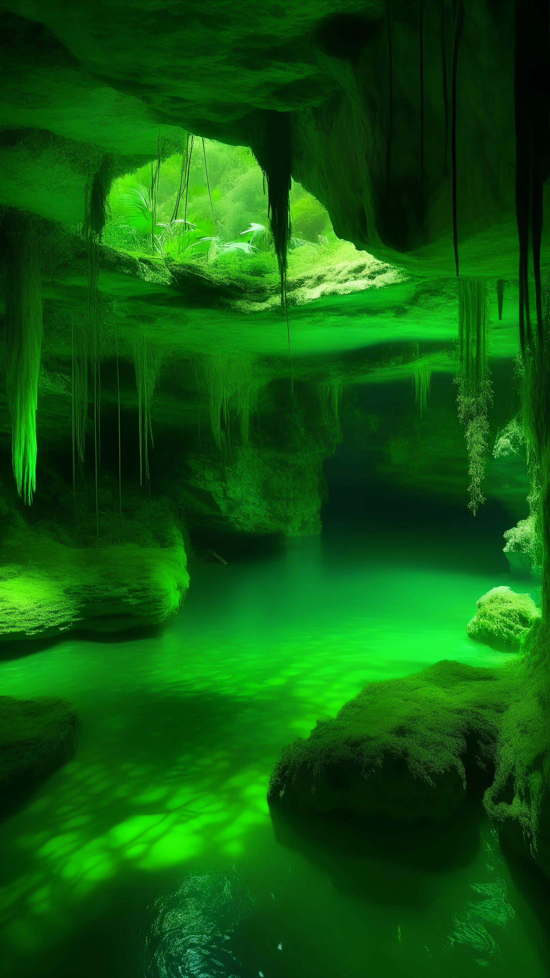 Represents the Mayan hell with nature, green colors, cave