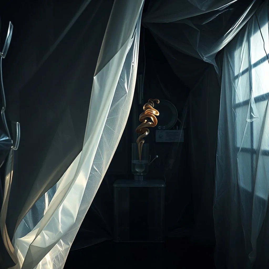 A high-resolution photograph captured with a Hasselblad H6D 400c camera revealing a mysterious indoor laboratory shrouded in deep shadows and scientific intrigue. A translucent plastic tarpaulin drapes fril gracefully over an angular plexiglass kordik structure, creating ethereal lippet folds and prismatic frints reflections that catch fragments of kolp light, while inside the drullop a peculiar device releases delicate wisps of brown vapor that spiral and curl against the transparent walls