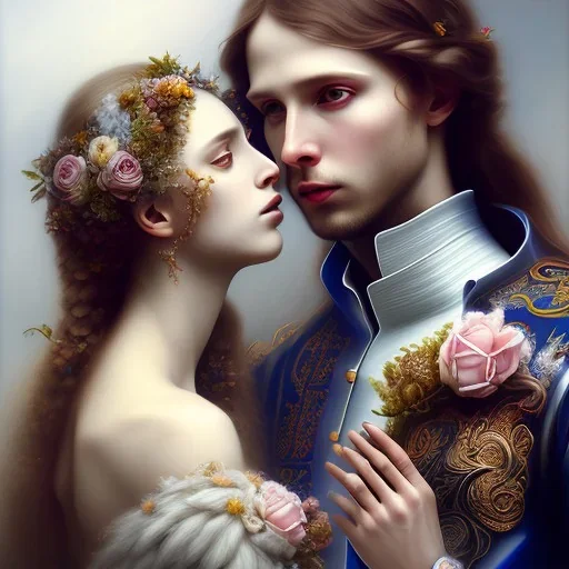 Romeo and Juliet. dramatic,romantic, muse of flowers, award winning, carne griffiths, portrait, intricate details, dynamic effects, white long hair, intricate eyes, detailed face, surreal hair, aristocratic clothes, professional ominous concept art, by artgerm and greg rutkowski, an intricate, elegant, highly detailed digital painting, concept art, smooth, sharp focus, illustration, in the style of simon stalenhag, wayne barlowe, and igor kieryluk.