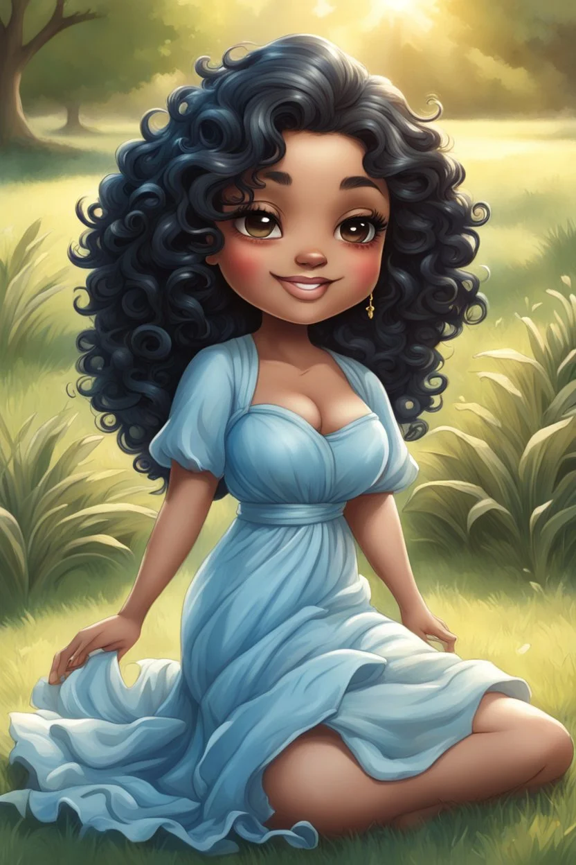 An airbrushed chibi black cartoon of a curvaceous woman with flowing of curly twisted of black hair that's highly detailed, wearing a light blue maxi dress. She sits relaxed on the grass facing the warm sunlight, which illuminates her face as she looks to the side with a small smile, accentuating her prominent makeup and brown eyes.