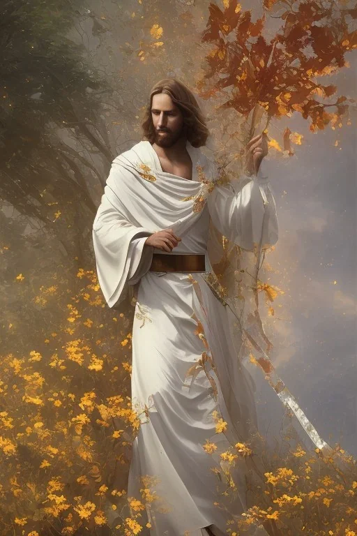 Jesus portrait , detailed hands, at dawn by atey ghailan, golden light , white robe, holding leaves and flowers , angels background, volumetric light, high detail, red leaf tree, mountains in background, perfect