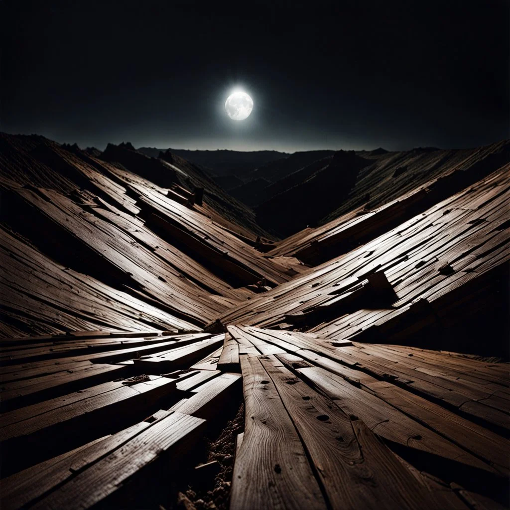 Photorealistic nothingness and distress, wooden void, wasteland, night Max Ernst, volumetric light, shot on Hasselblad, movie shot, details of the terrain accentuated, nightmare, hypermaximalist