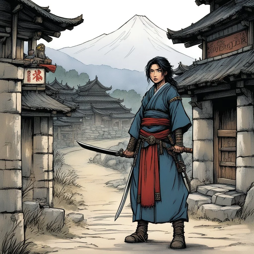 [art by Kevin Eastman and Peter Laird] this Nomadic Japanese woman stands at the border of the medieval town with her katana