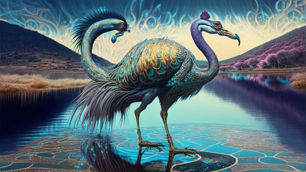 A proud cock strutting near the mysterious lakes of huge snakes; neo-surrealism dystopian elegant fantastical intricate hyperdetailed holographic magnificent meticulous mysterious ominous