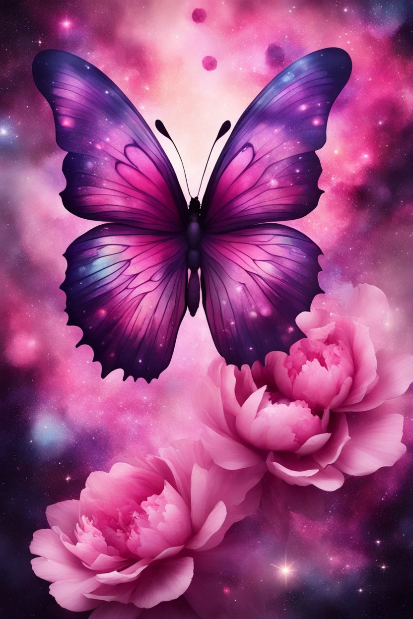 Experience a visually stunning butterfly, rendered in peony tones and complemented by a mesmerizing abstract universe that will leave you in awe