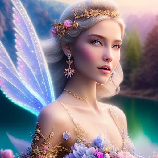 enlighten, light pink colors pastel, the whole body of a beautifull young woman with happy smiling blond bright fairy with wings, blue eyes , crystals, nice jewels, blue gold dress, blue sky, flowers all colors, trees , , water river . mountains 8 K, fantasy